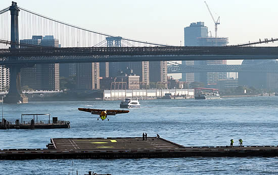 Electra’s hybrid-electric Ultra Short aircraft completed a historic flight at Downtown Skyport in Lower Manhattan, marking what is believed to be the heliport’s first takeoff and landing by a fixed-wing aircraft without vertical takeoff capability. Credit: Electra.