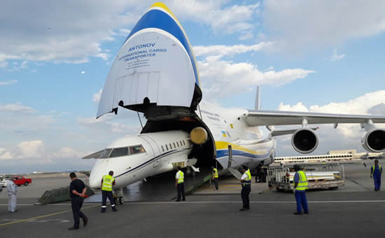 Loading of Challenger 604 onto Antonov 124 at Muscat International Airport